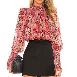 Bardot Revolve Pink Gardenia Remi Floral Puff Sleeve Smocked Tie Back Blouse